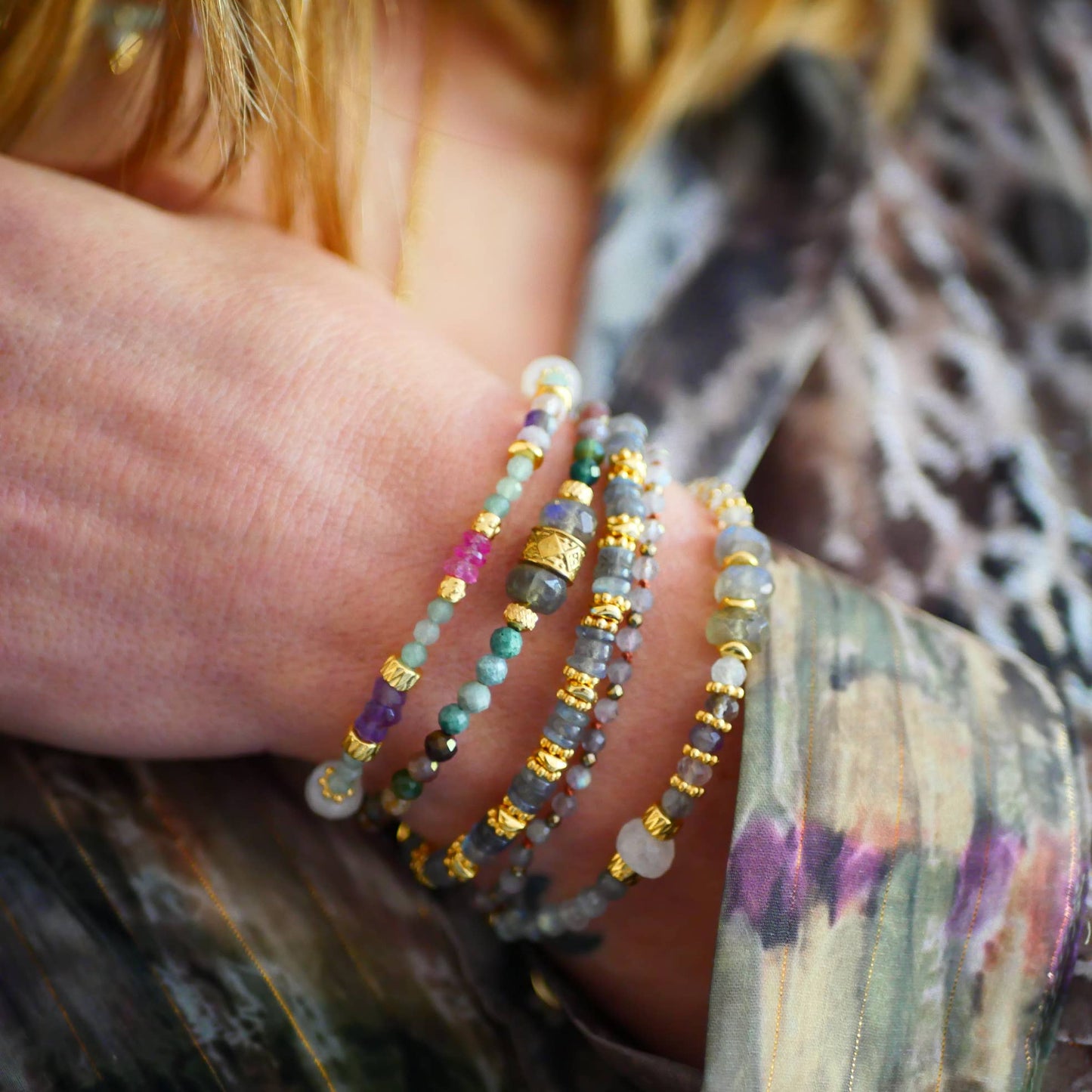 Beaded BRACELET pink topaz gold charms, and moonstone
