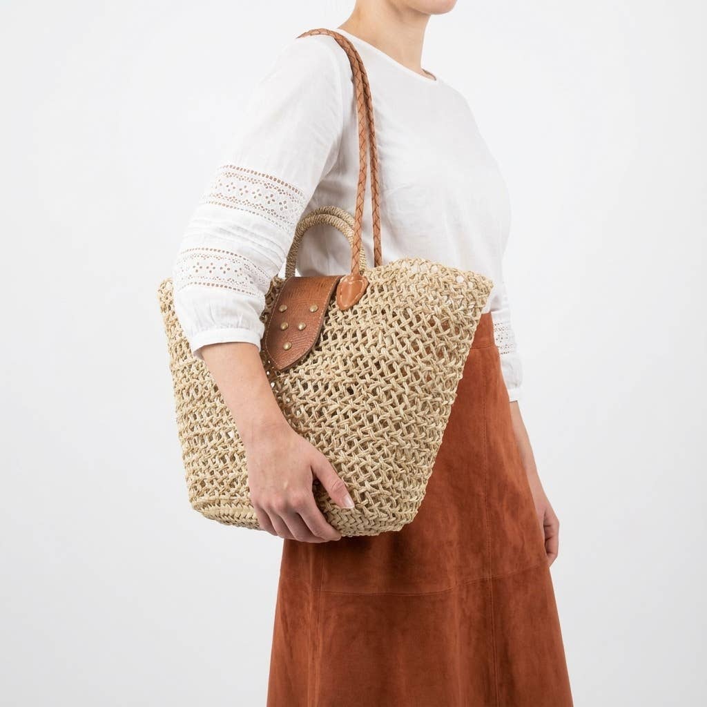 Boho Woven Straw Tote Basket with Leather Straps