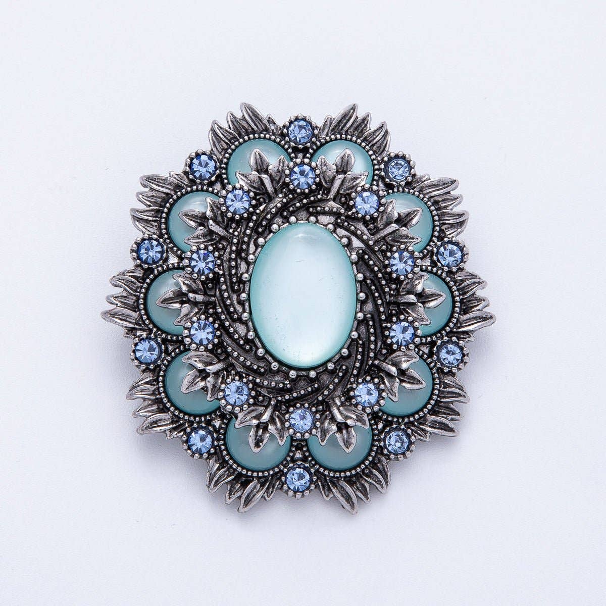 Aqua Flower Crystal Brooch - Antique Silver