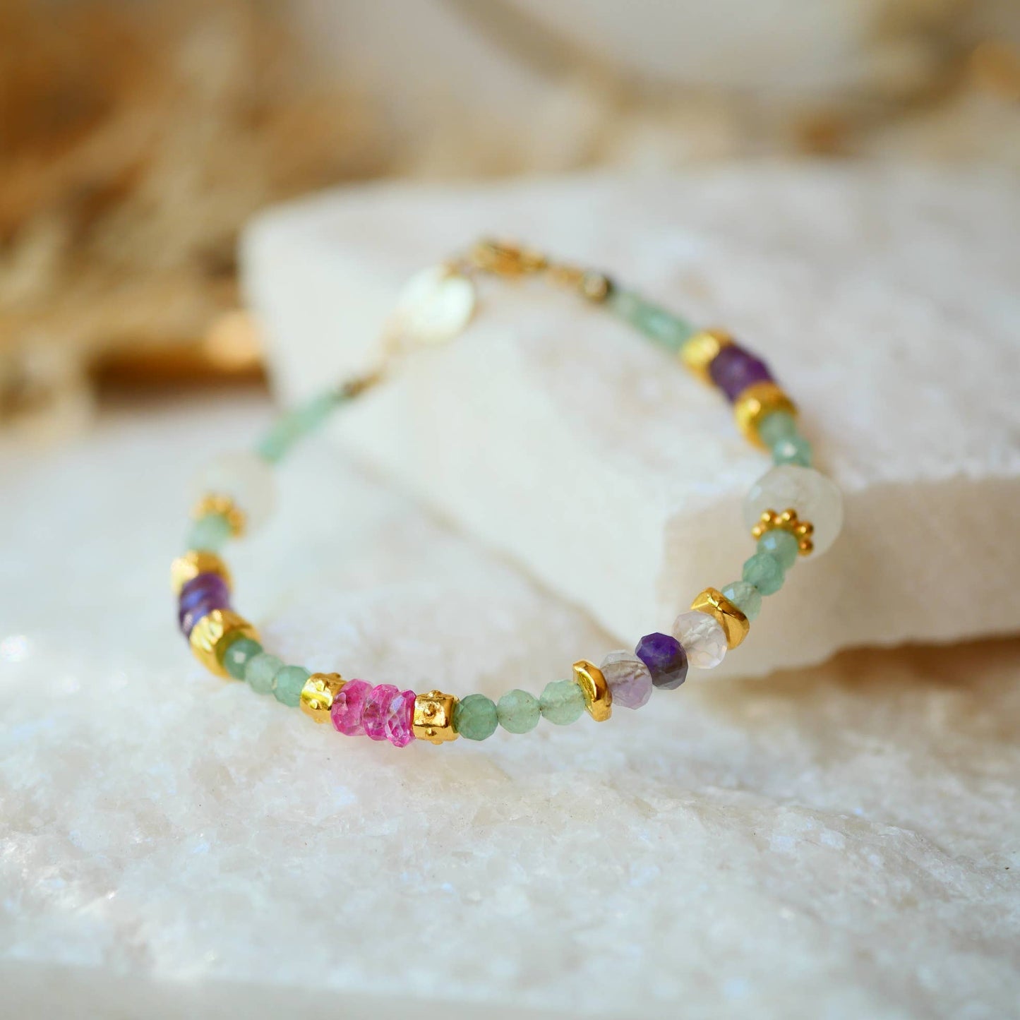 Beaded BRACELET pink topaz gold charms, and moonstone