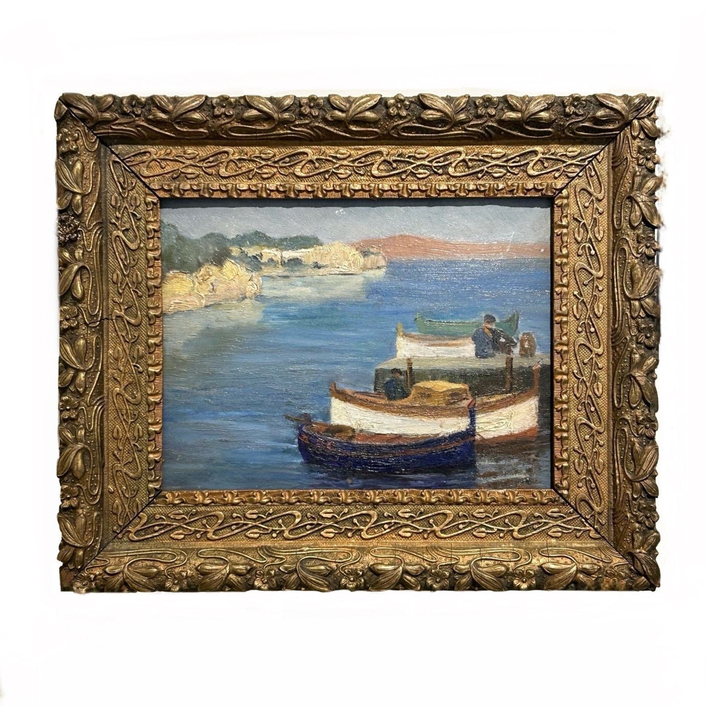 Antique Painting Boats in the Harbour - From Paris
