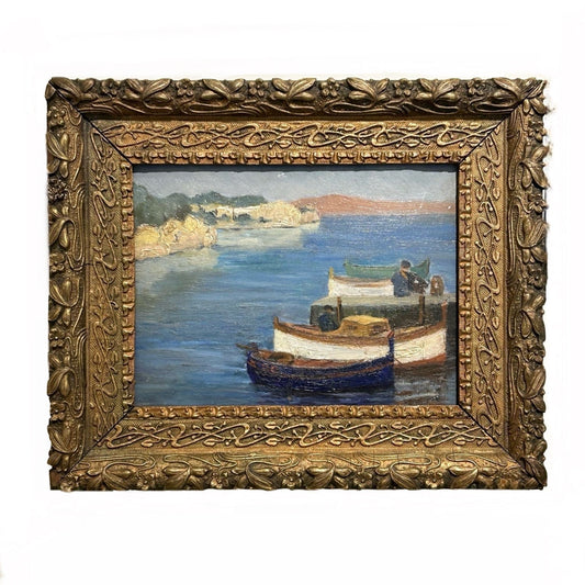 Antique Painting Boats in the Harbour - From Paris