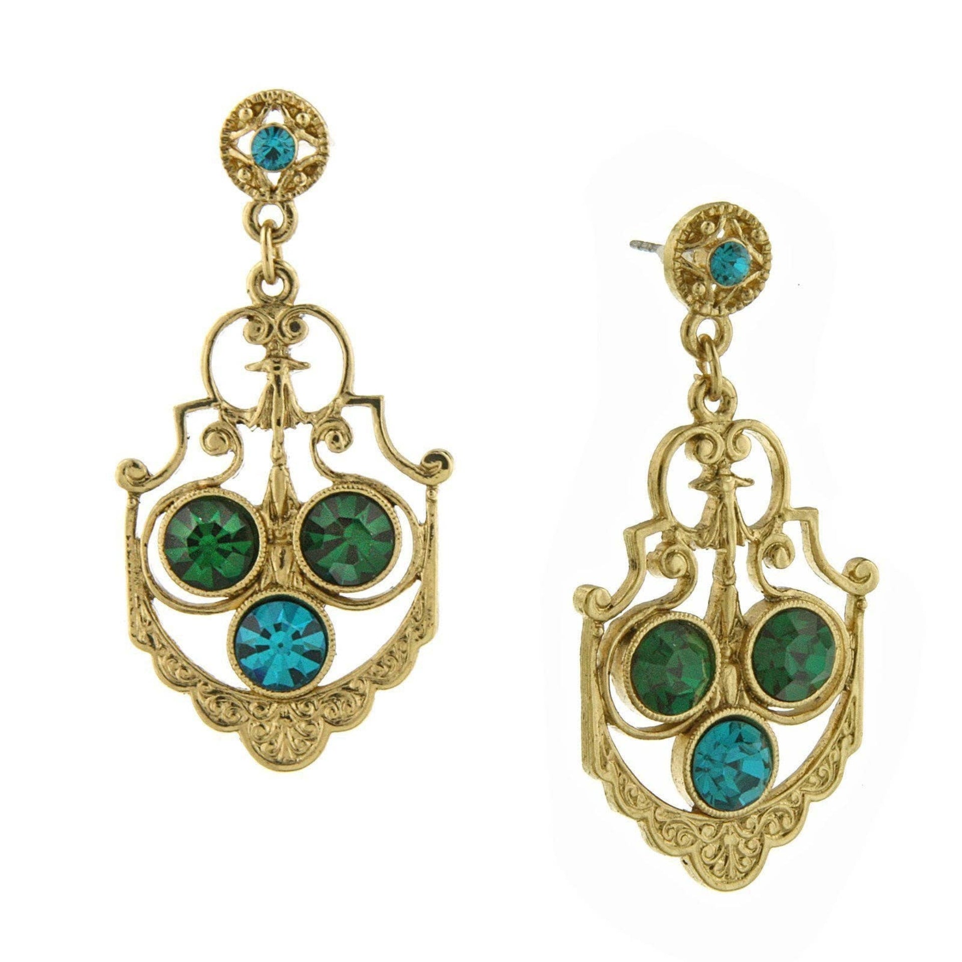 Blue Zircon And Green Crystal Drop Earrings