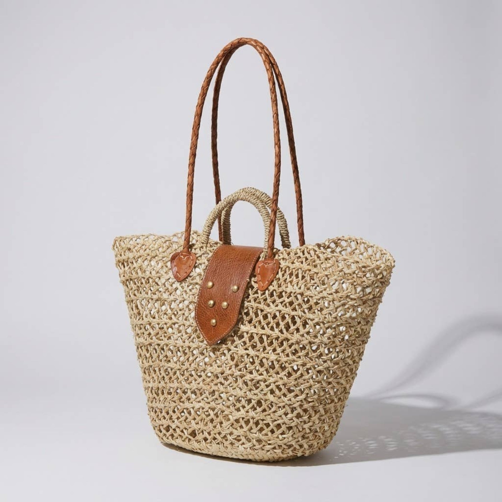 Boho Woven Straw Tote Basket with Leather Straps