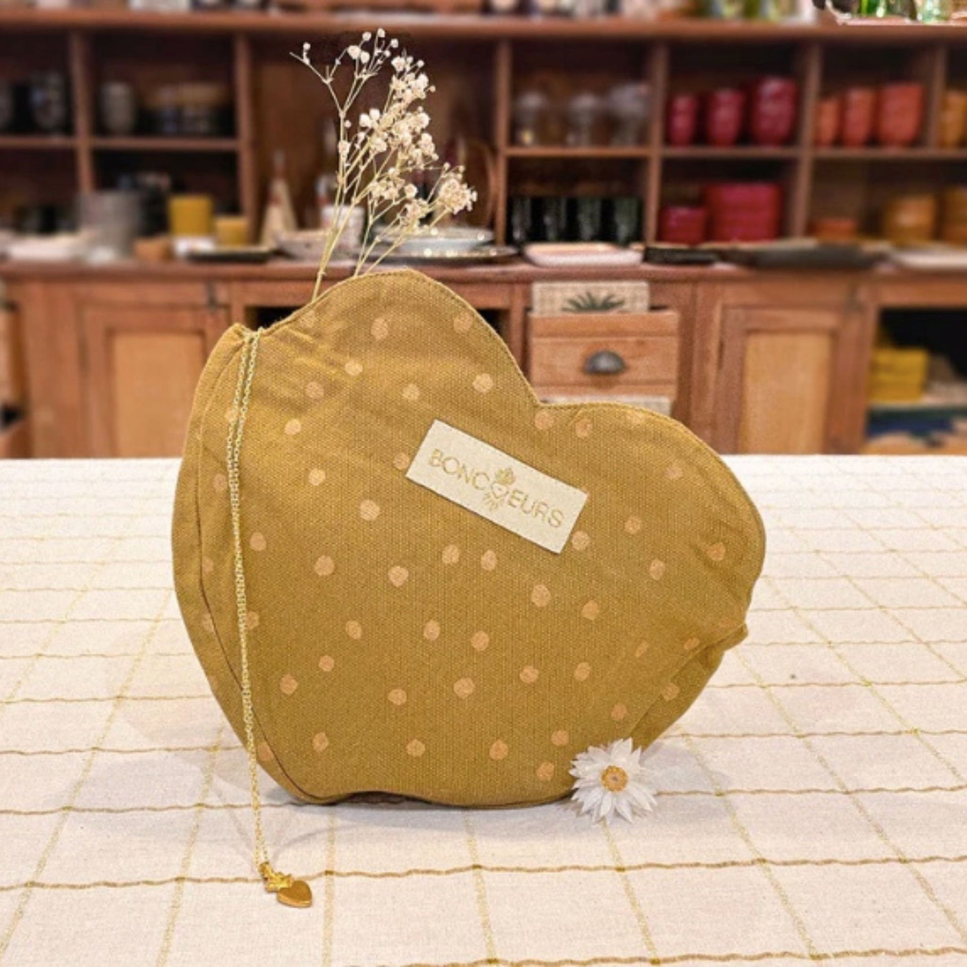 Boncoeurs Heart-Shaped Bag - Old Gold Dots