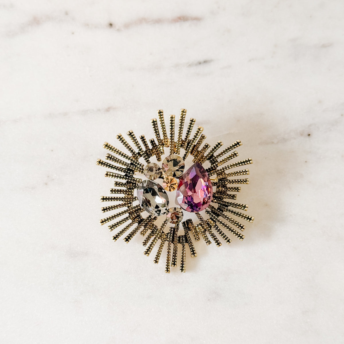 Celestial Multi Color Crystal Brooch -Antique Gold Mix