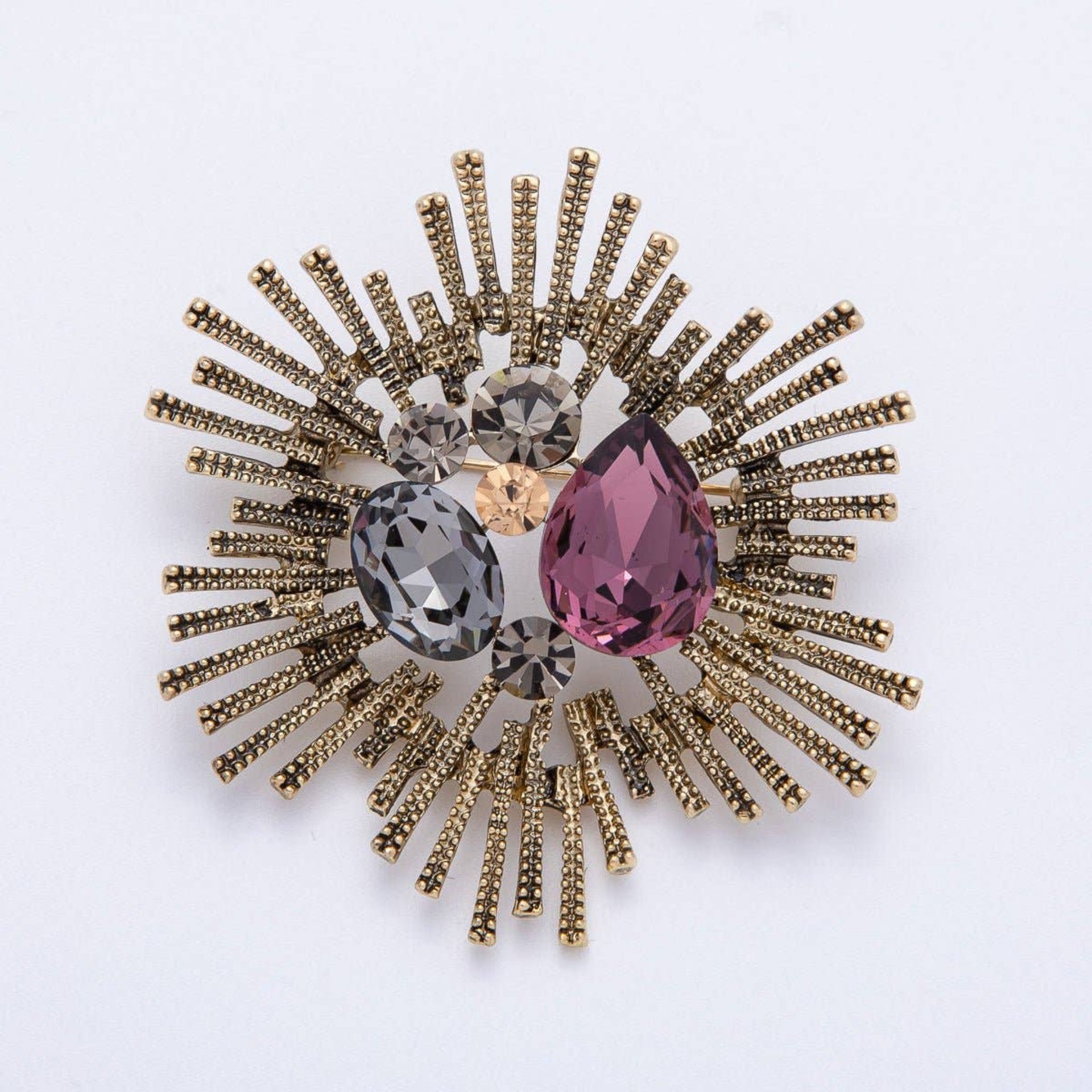 Celestial Multi Color Crystal Brooch - Antique Gold Mix