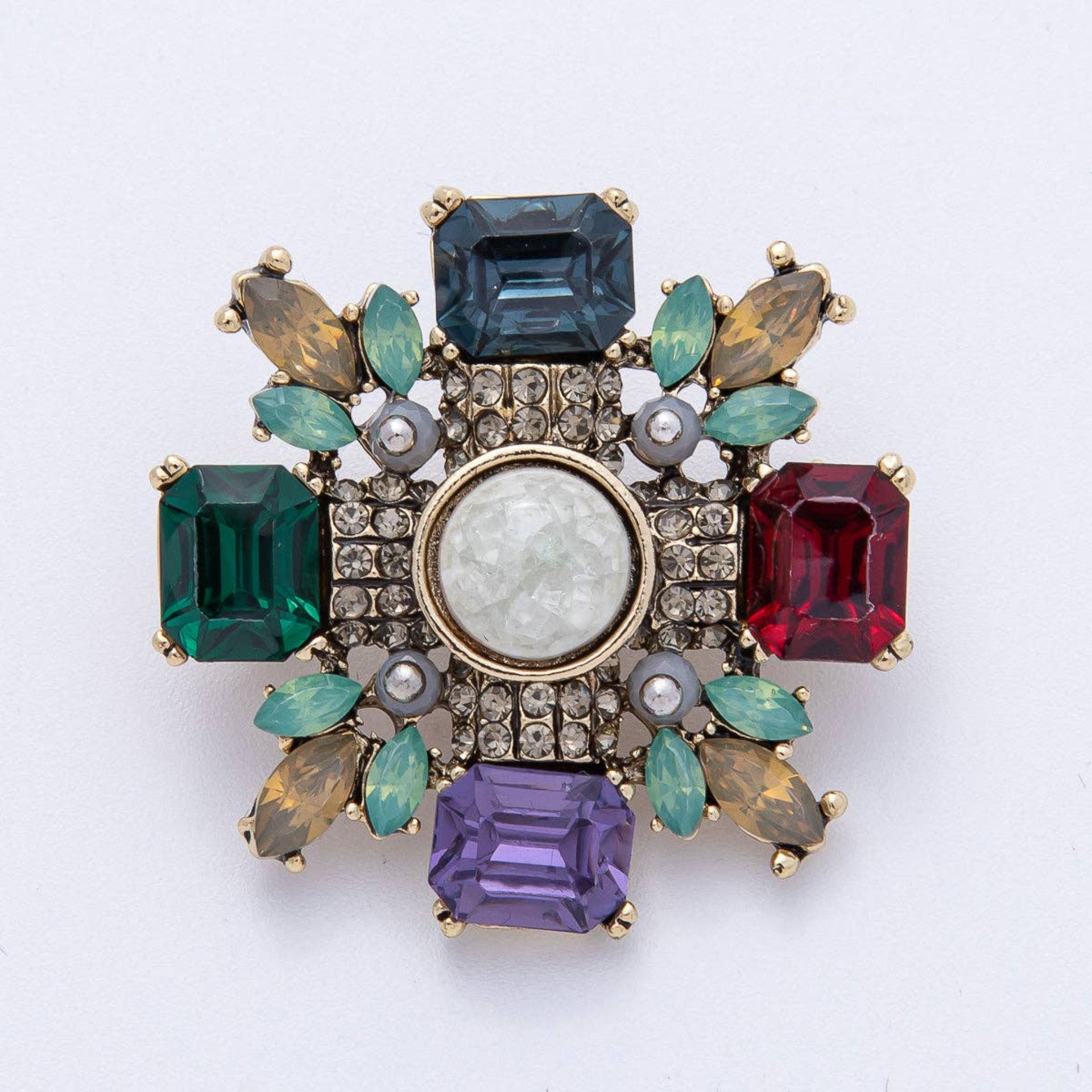 Crystal Cross Brooch Pin - Gold Multi