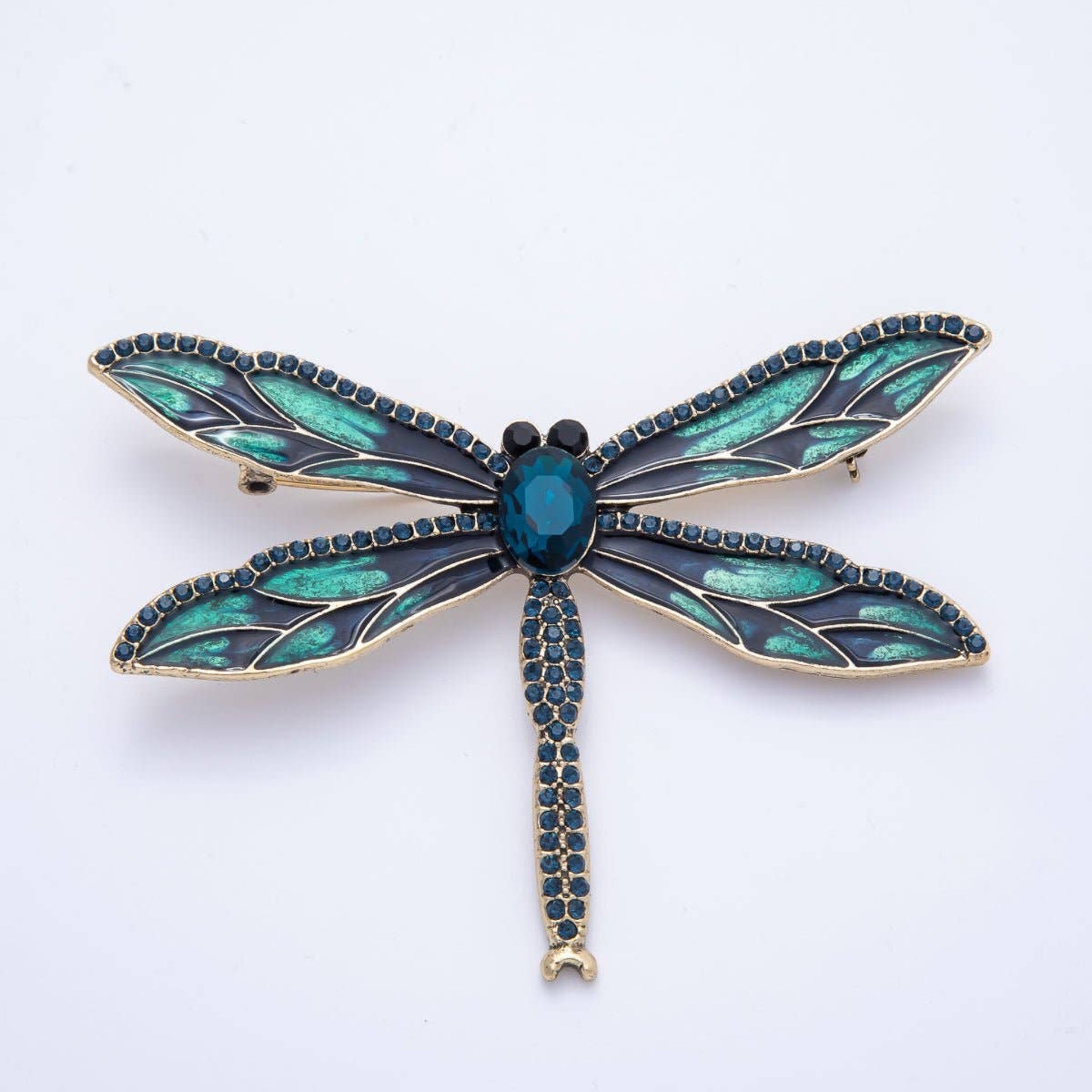 Dragonfly Enamel Brooch - Antique Gold