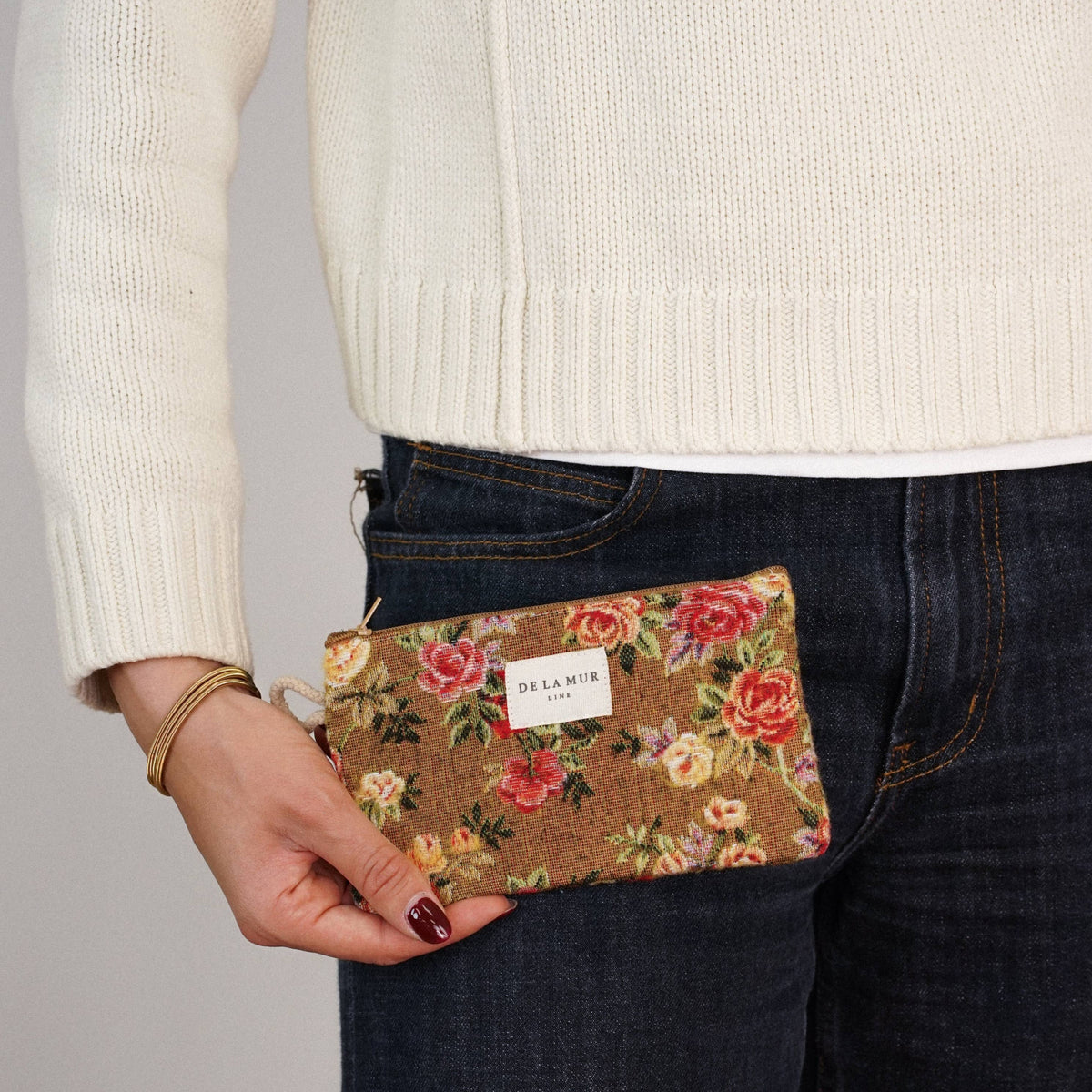 Esme Floral Jacquard Small Makeup Coin Purse – Mustard & Red