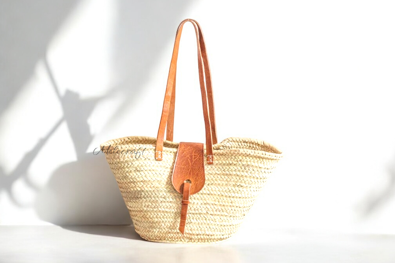 French Market Basket with Leather Handles and Flap