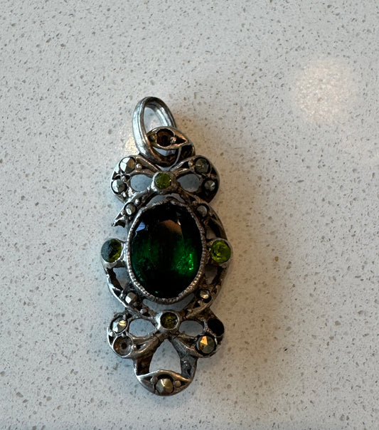 Victorian 1880-1900 Silver pendant with green and white rhinestones