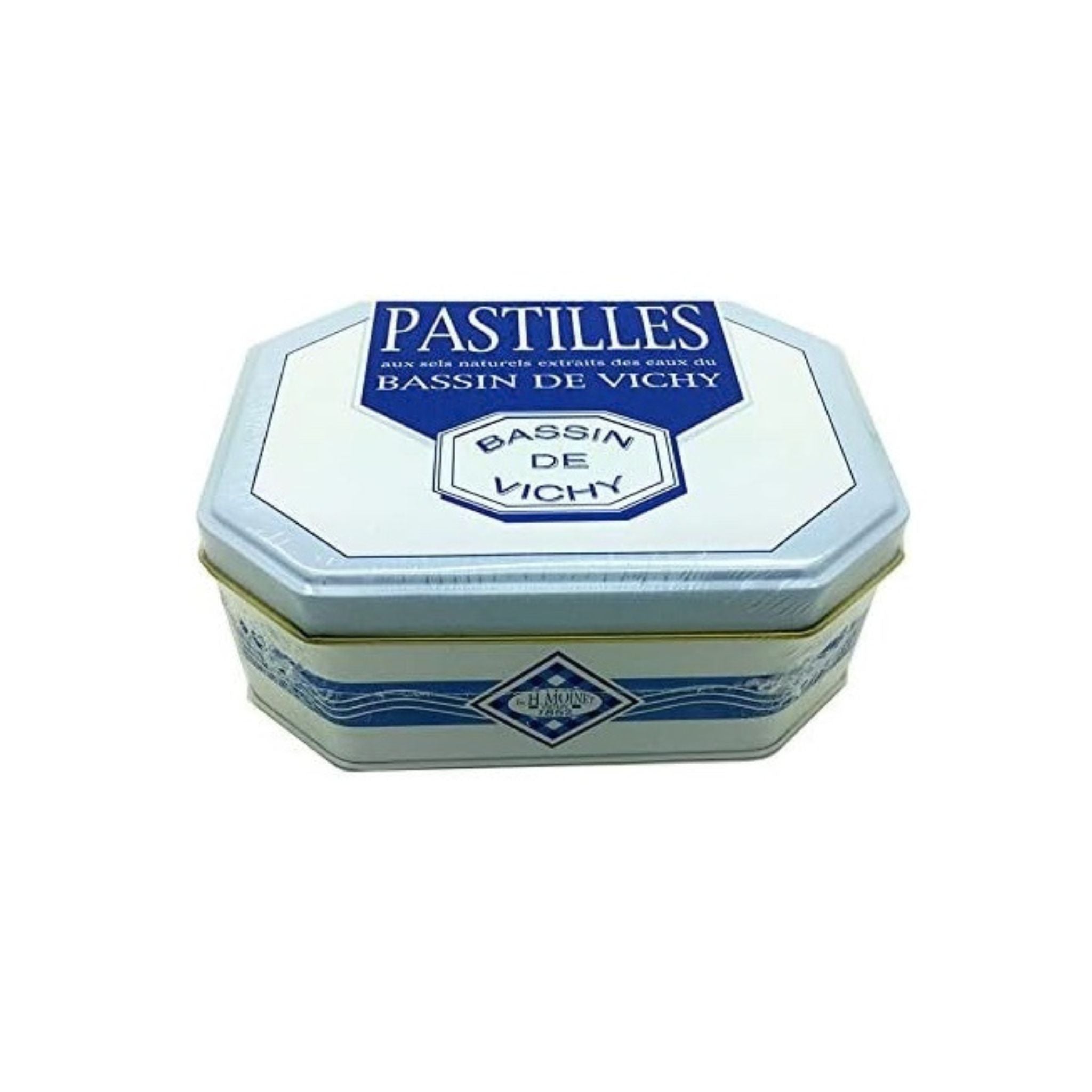 Hexagonal tin container for bassin de Vichy pastilles on a white background