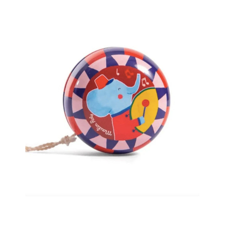 Colorful yo-yo with a cartoon elephant design on a white background