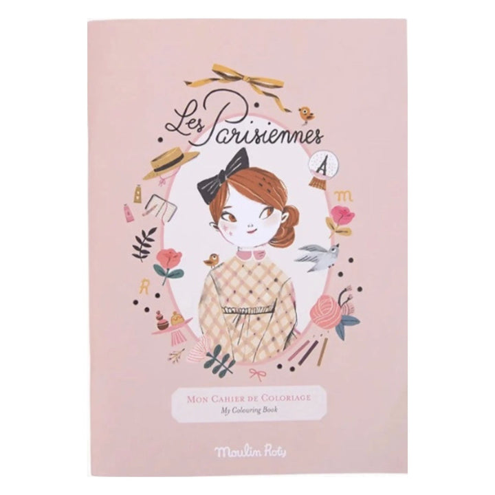 cover of blush pink les parisiennes colouring book pictured on white background