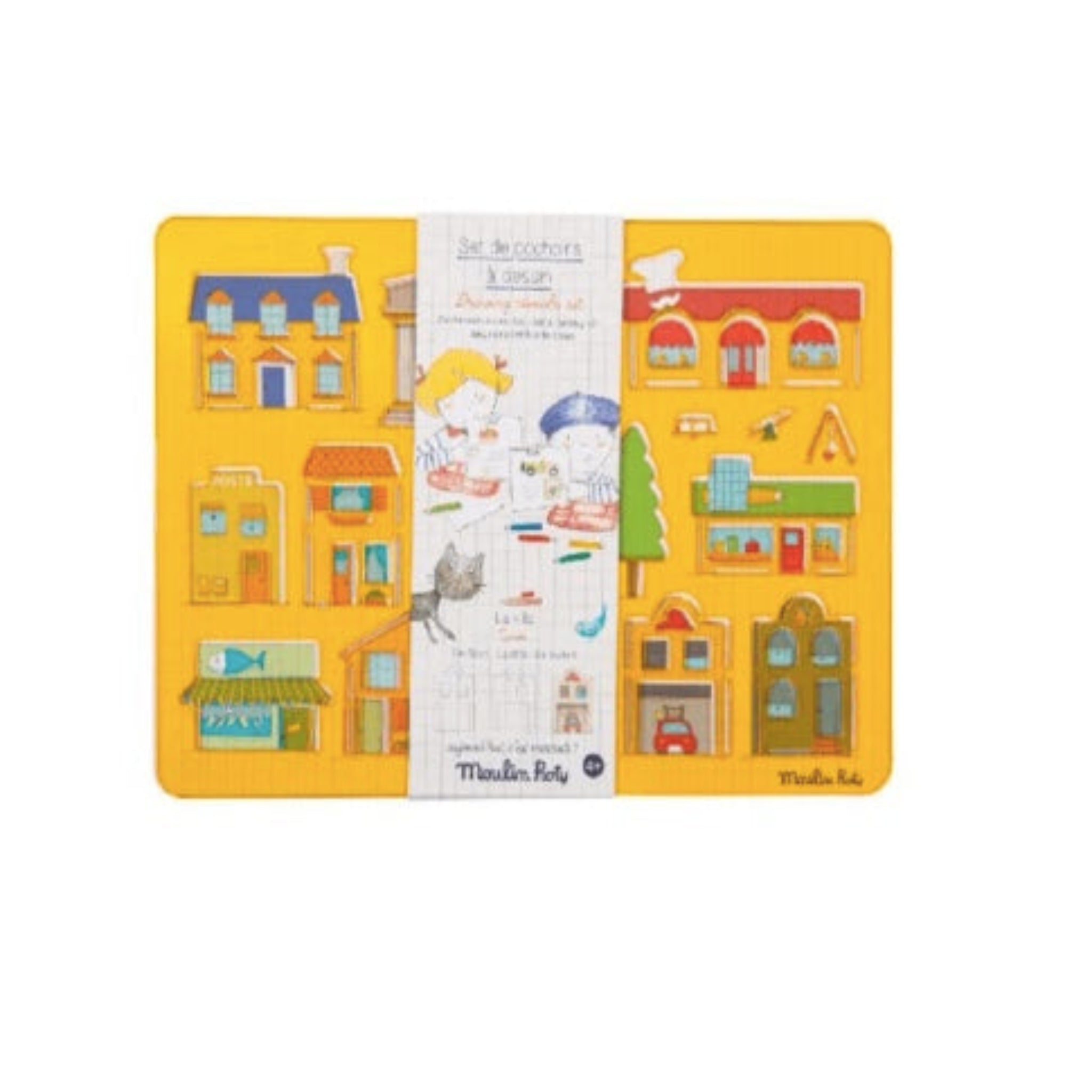 Yellow city themed stencil set pictured on white background