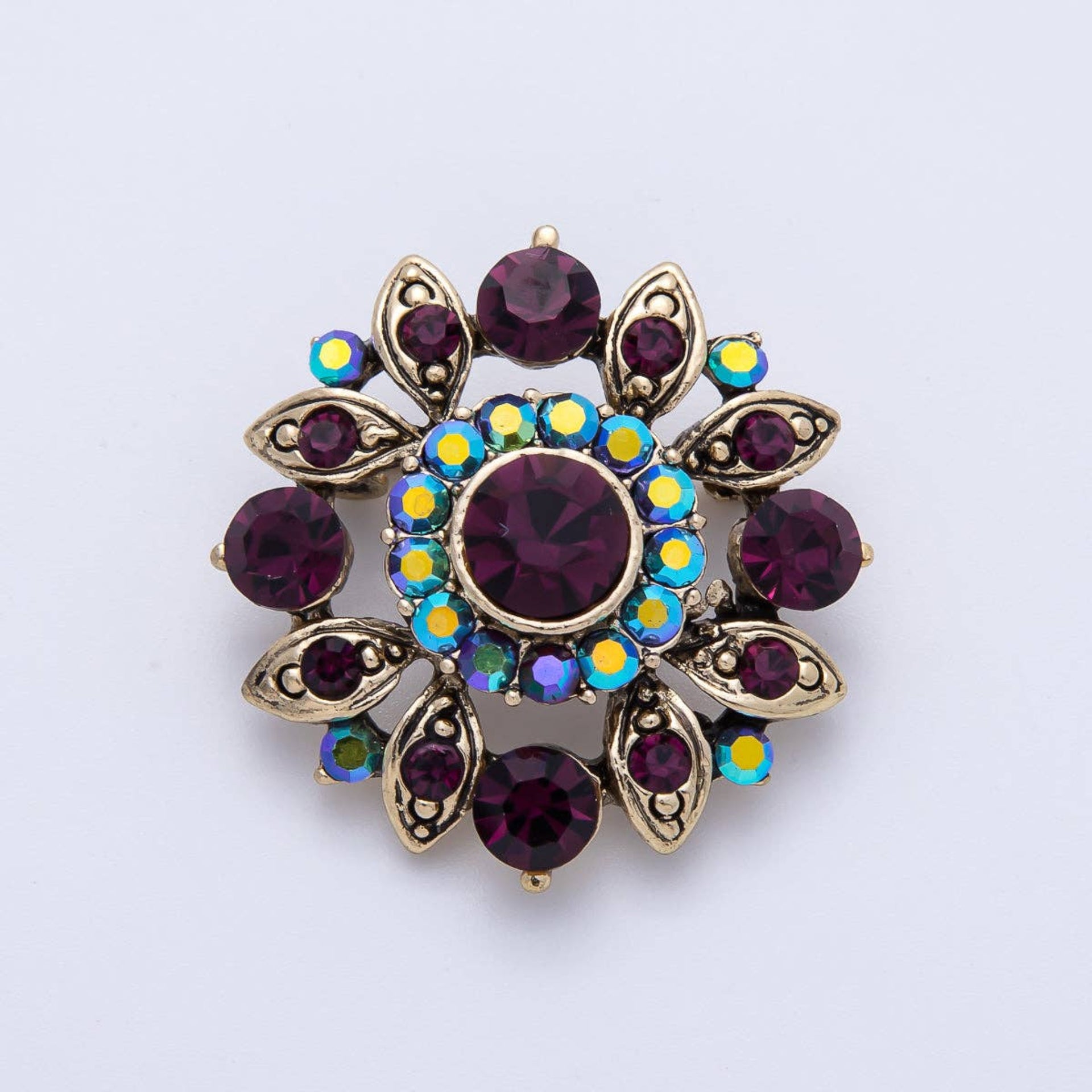 Purple Rhinestone Geometric Pin Brooch - Vintage Gold