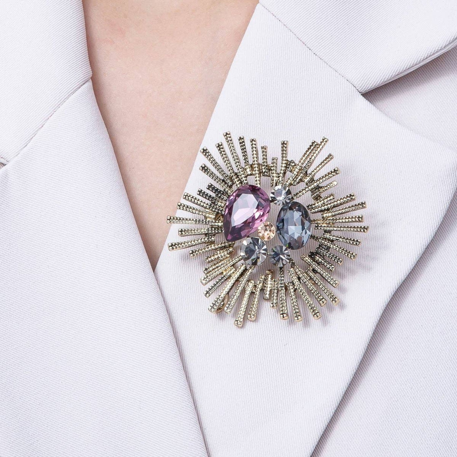 Celestial Multi Color Crystal Brooch - Antique Gold Mix