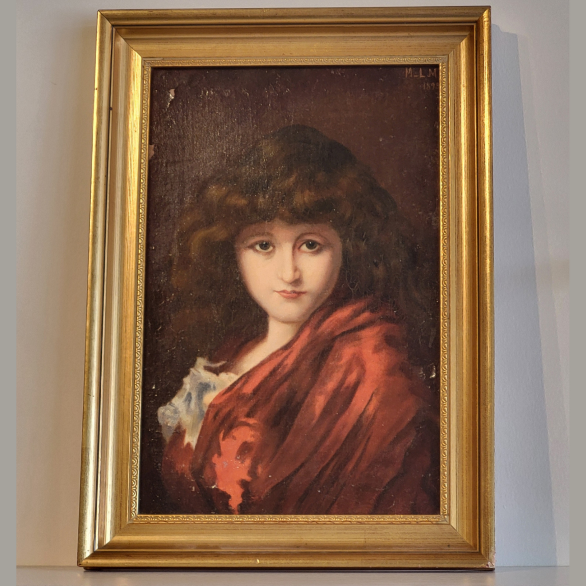 Vintage Portrait Painting of Young Girl in Red - From Paris
