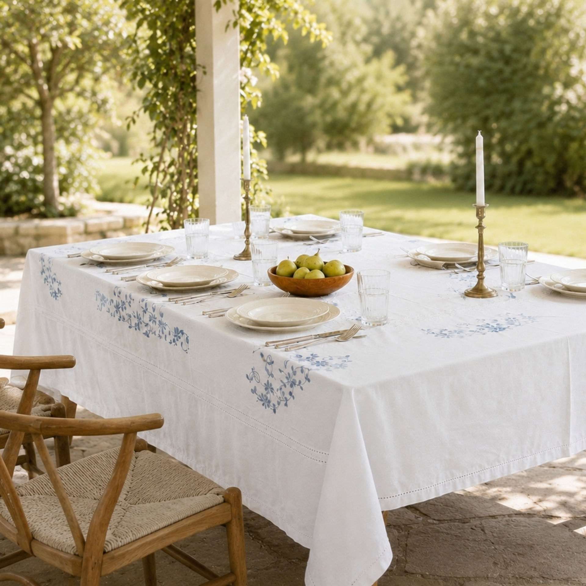 Vintage White with Blue Embroidery Tablecloth - from Paris