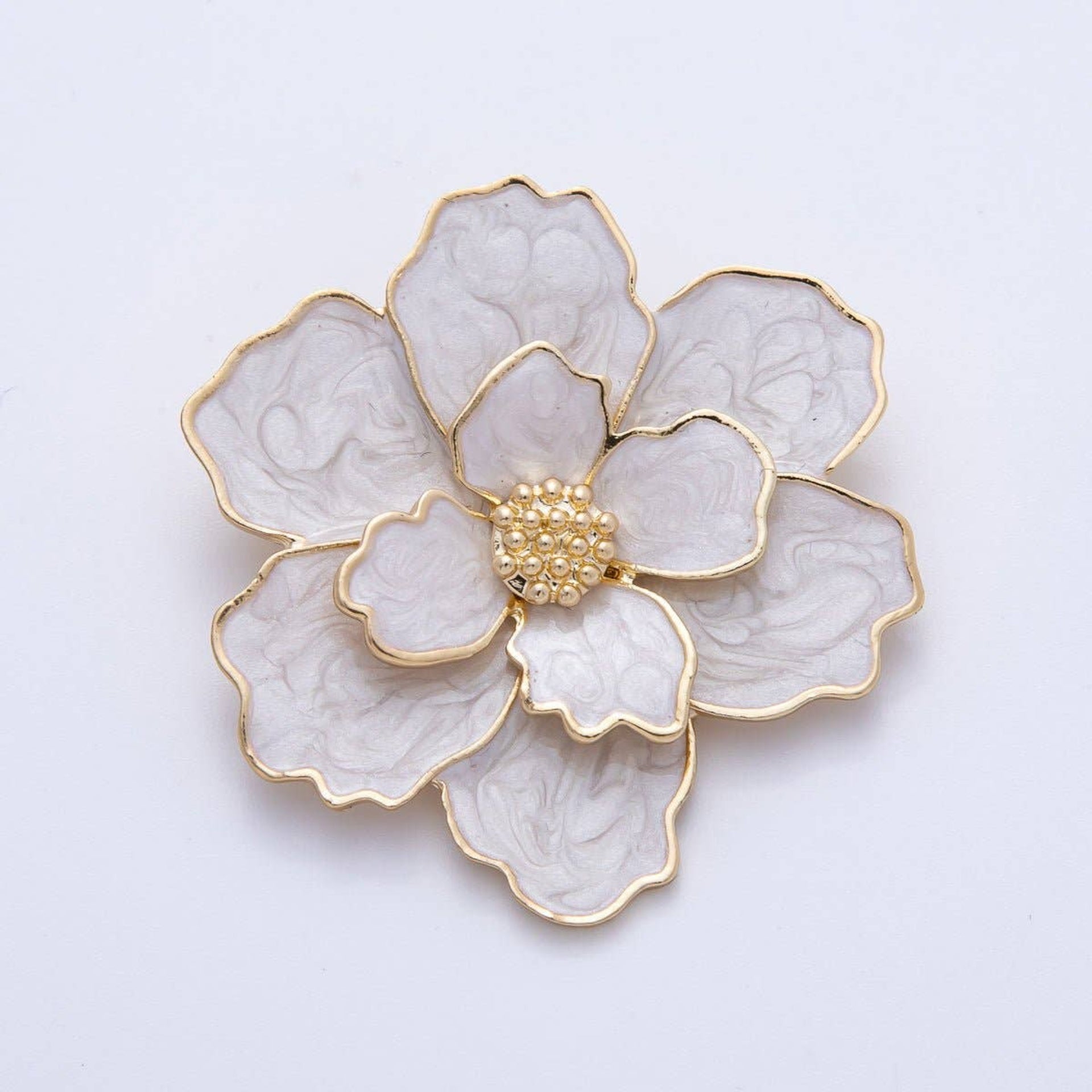 White Enamel Flower Brooch - Gold