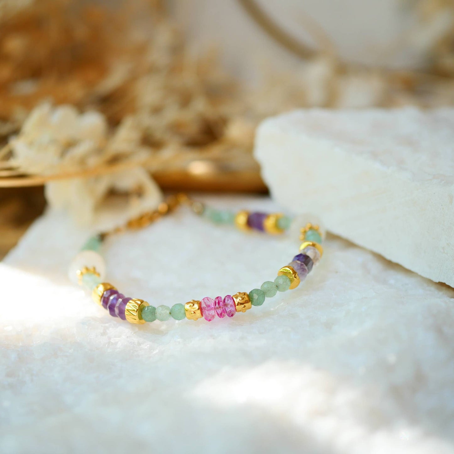 Beaded BRACELET pink topaz gold charms, and moonstone