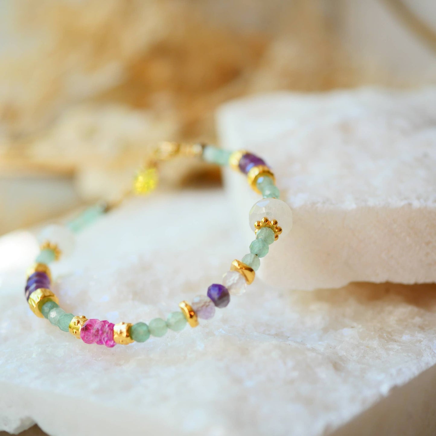 Beaded BRACELET pink topaz gold charms, and moonstone