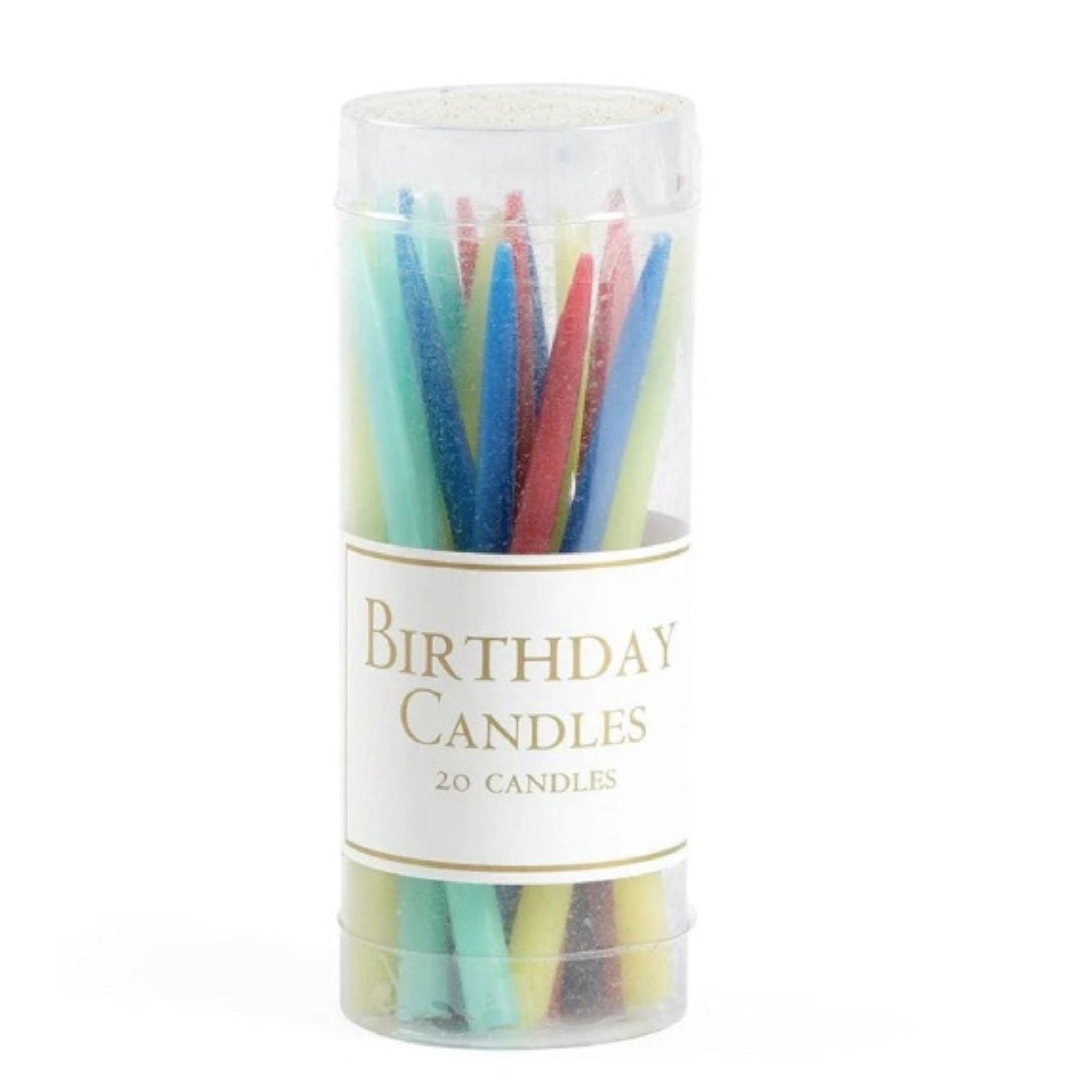 Tube of colorful birthday candles with a white label on a white background