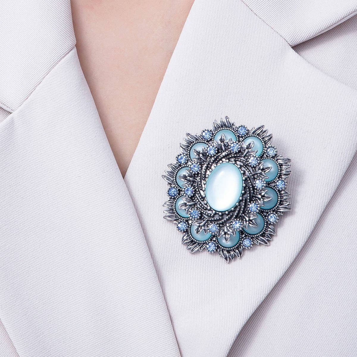 Aqua Flower Crystal Brooch - Antique Silver