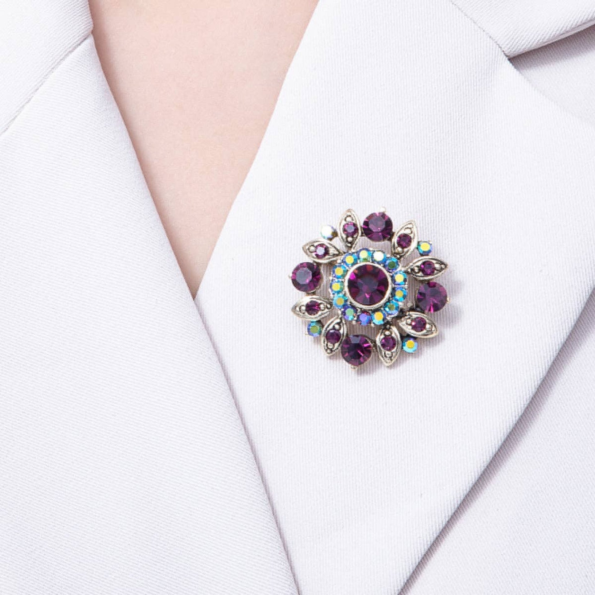 Purple Rhinestone Geometric Pin Brooch - Vintage Gold