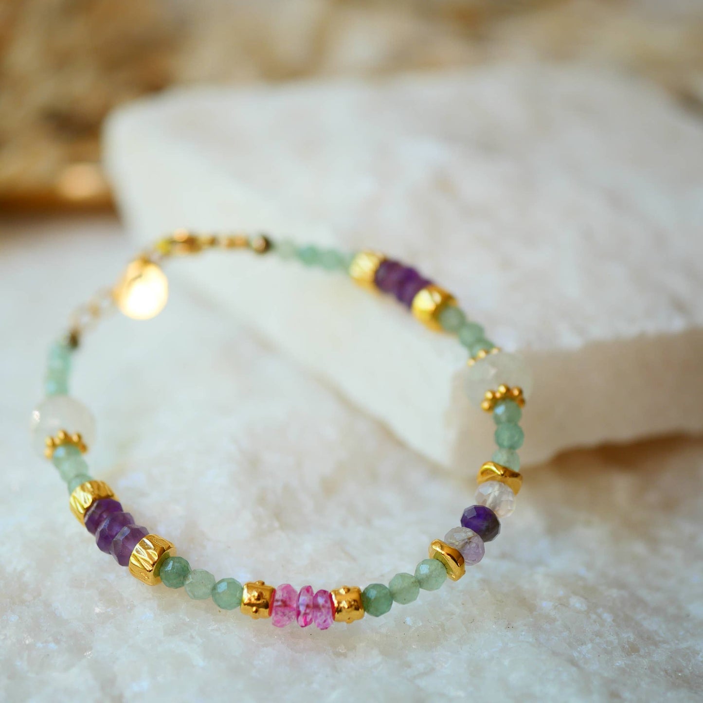 Beaded BRACELET pink topaz gold charms, and moonstone