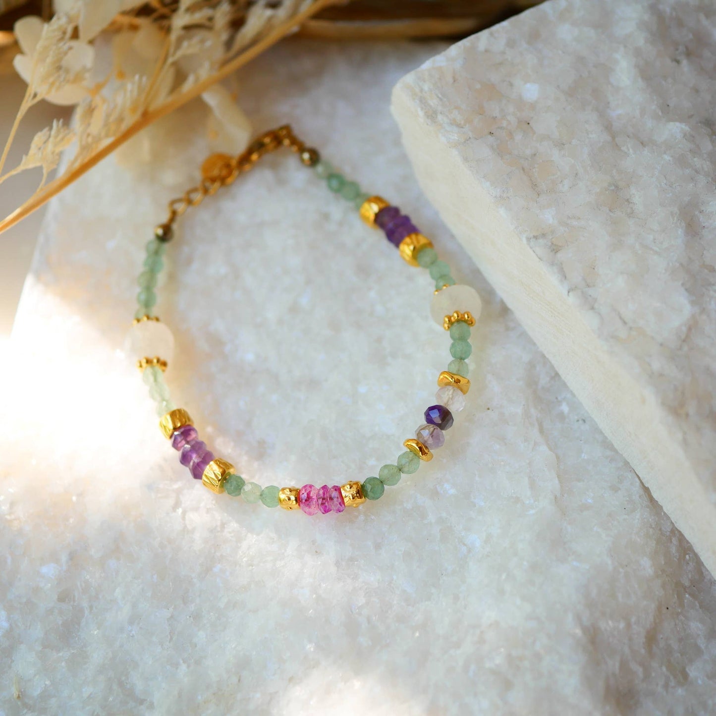 Beaded BRACELET pink topaz gold charms, and moonstone
