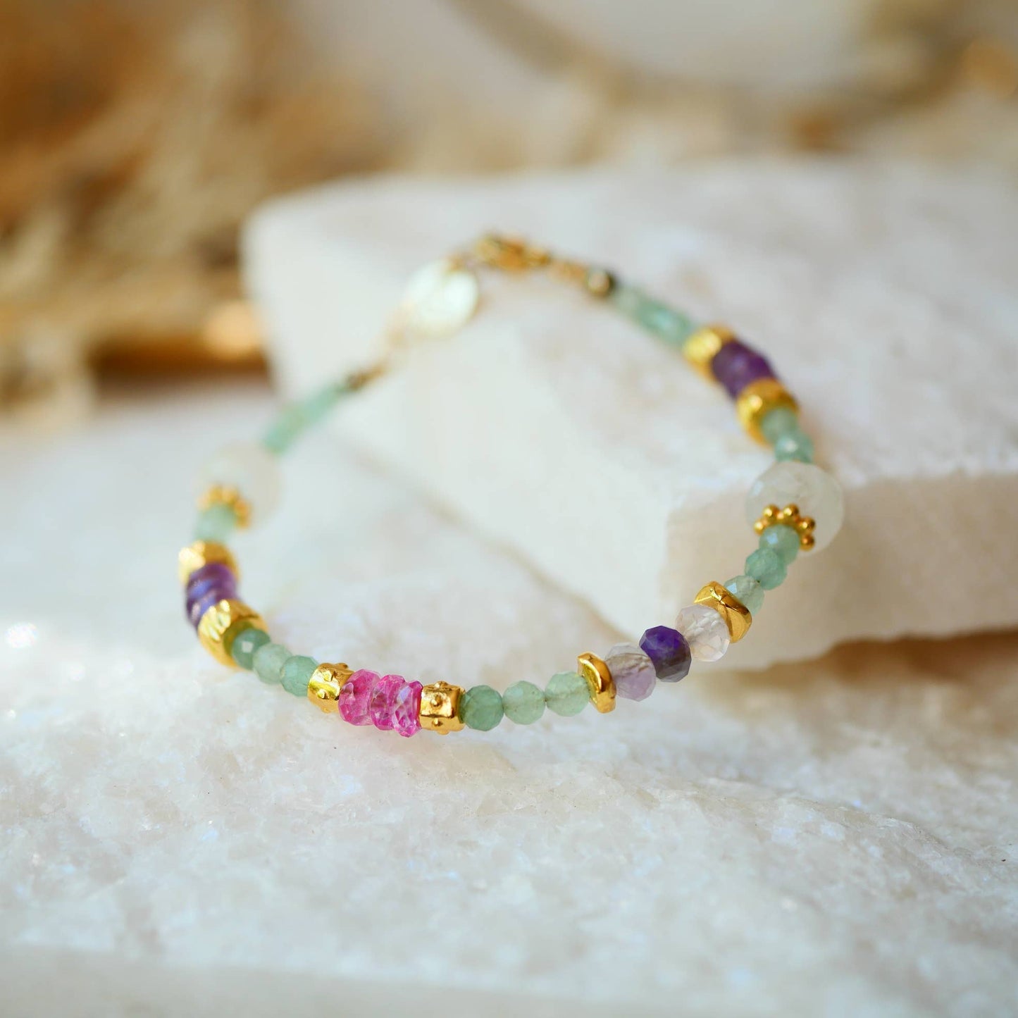 Beaded BRACELET pink topaz gold charms, and moonstone