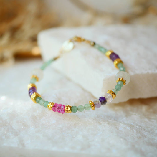 Beaded BRACELET pink topaz gold charms, and moonstone
