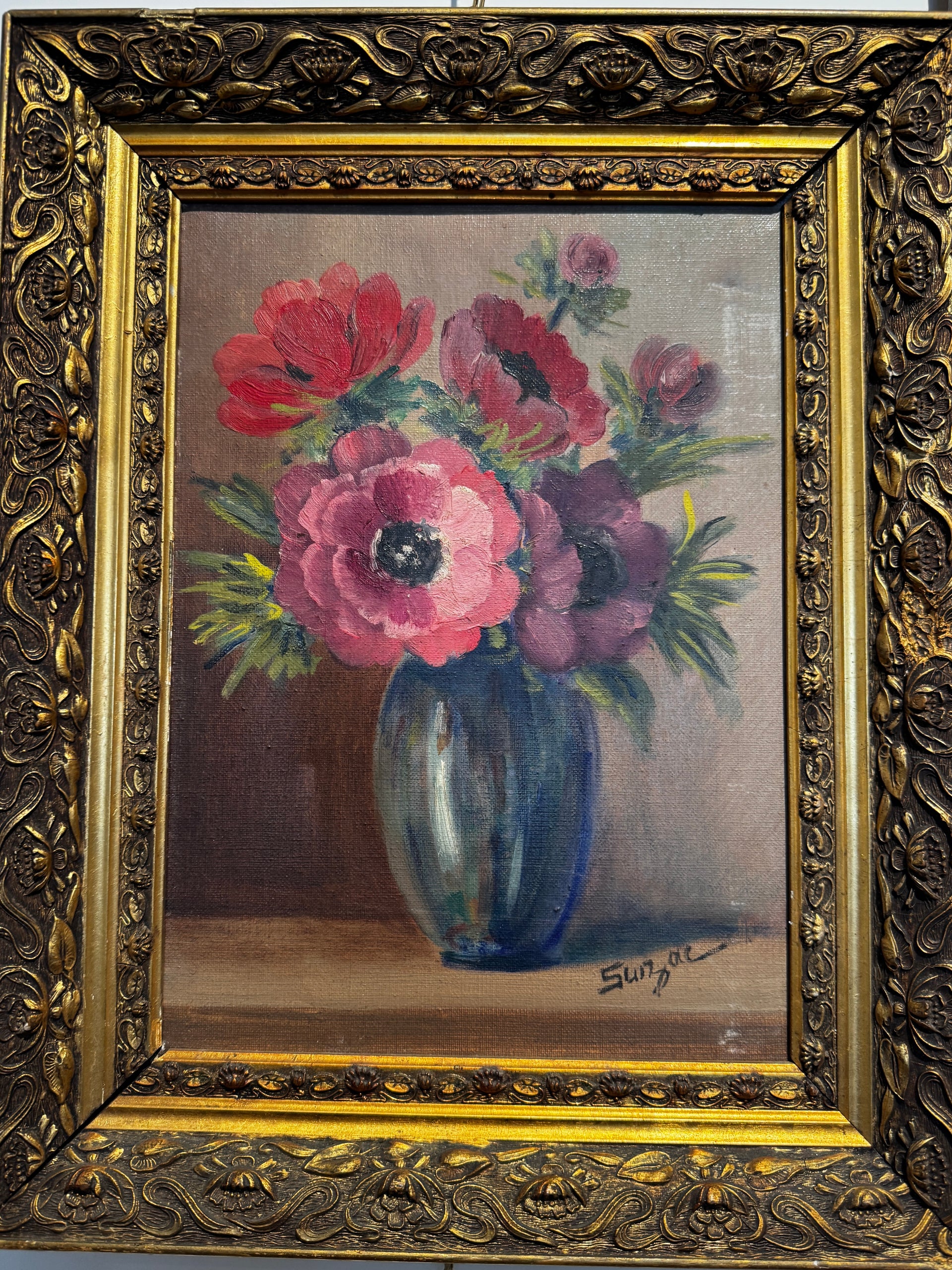 Antique Floral painting with gold wooden frame from Paris
