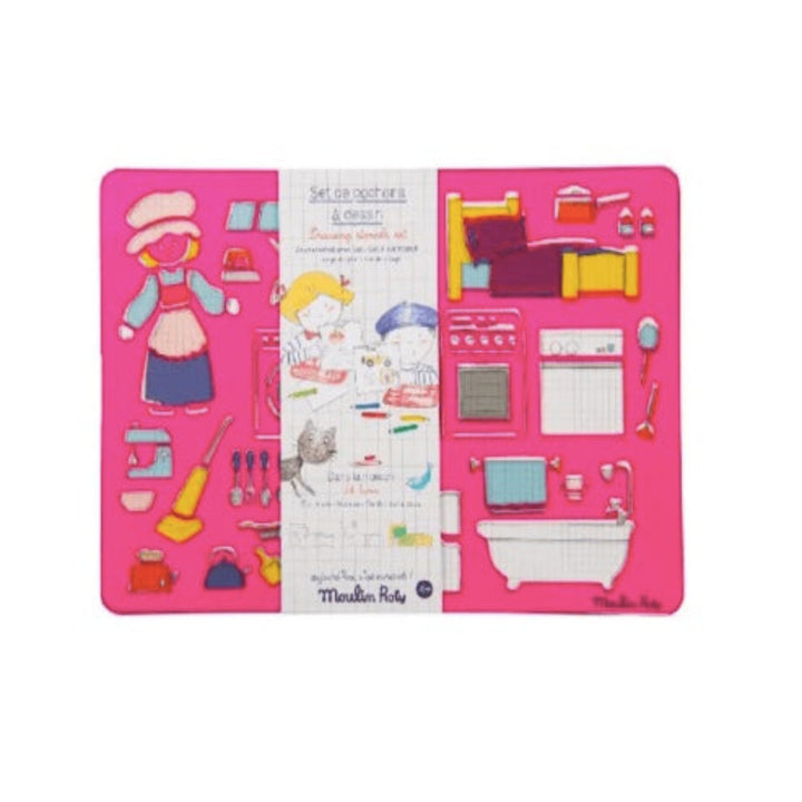 pink home themed stencil set pictured on white background