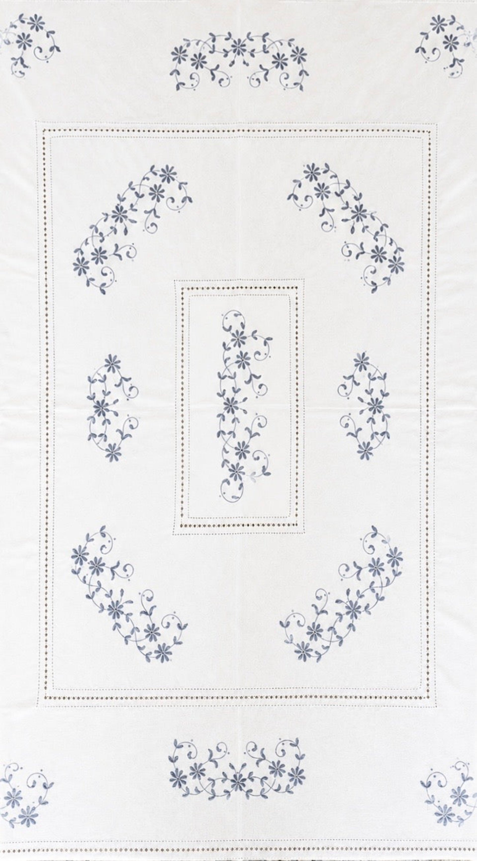 Vintage White with Blue Embroidery Tablecloth - from Paris