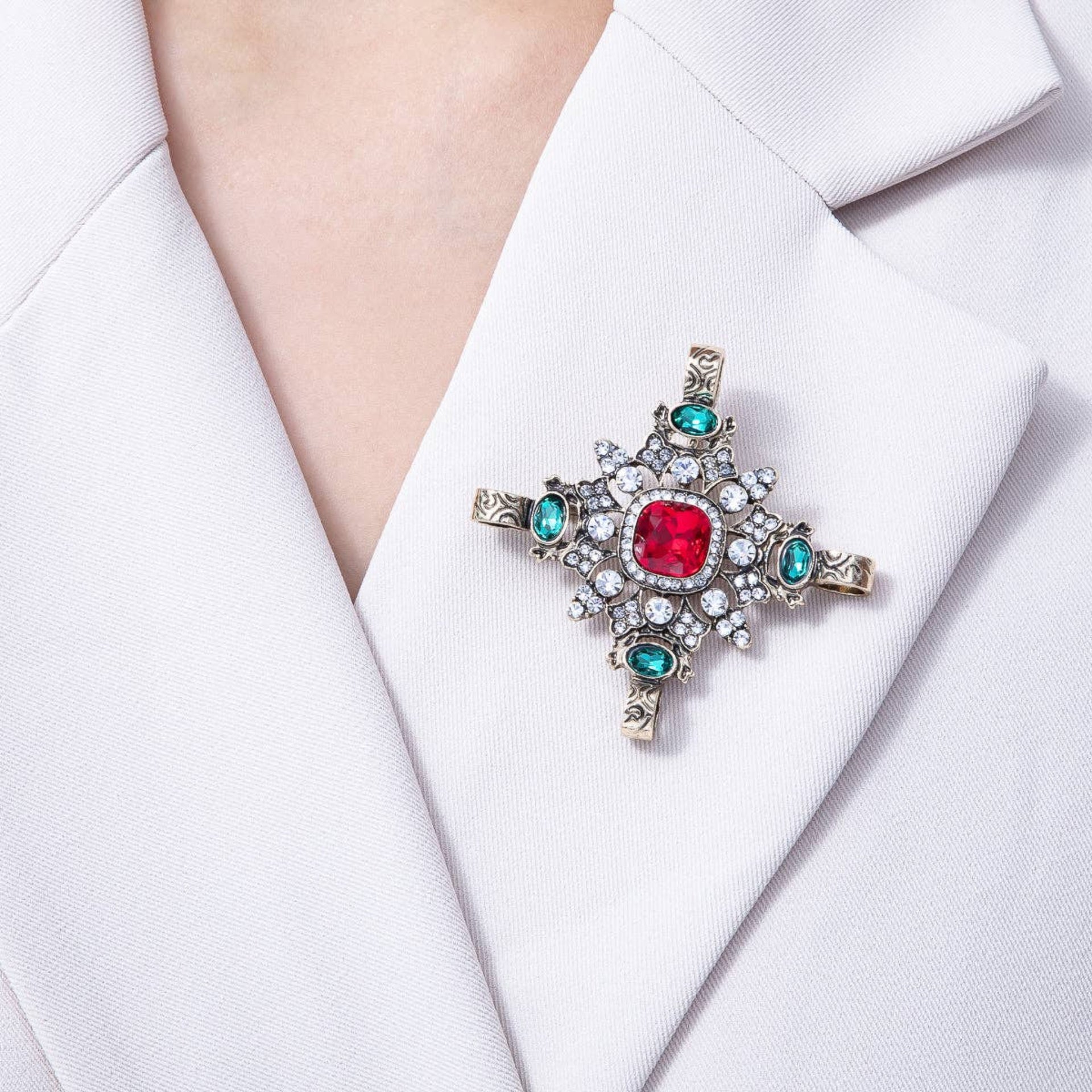 Multicolor Rhinestone Geometric Pin Brooch - Vintage Gold